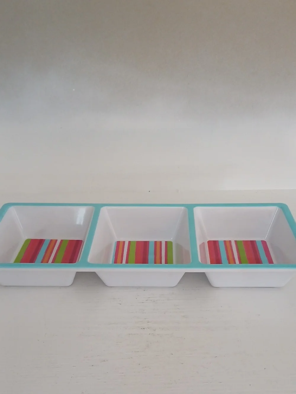 White Triple Serving Dish with Turquoise Rim and Multicolor Stripes